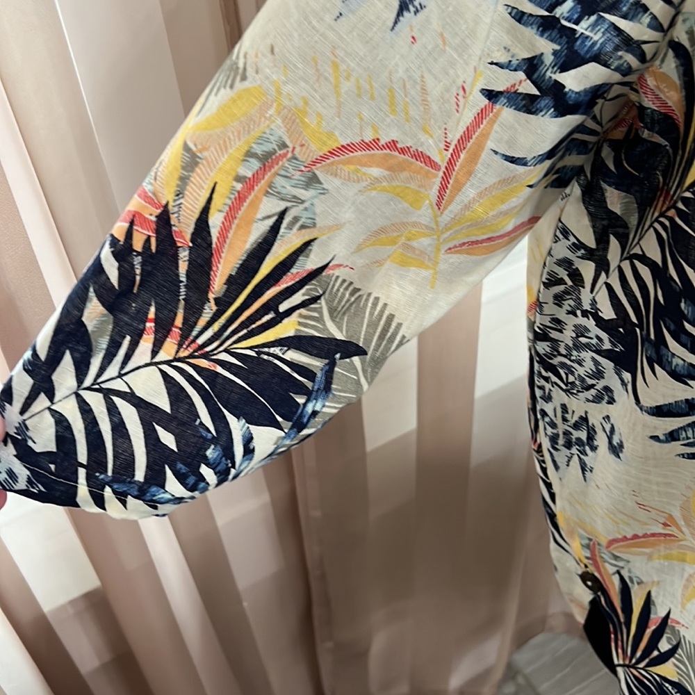 Chico's Boatneck Tropical Leaf Tunic in Navy, Yellow, Pink, Cream - Picture 2 of 5